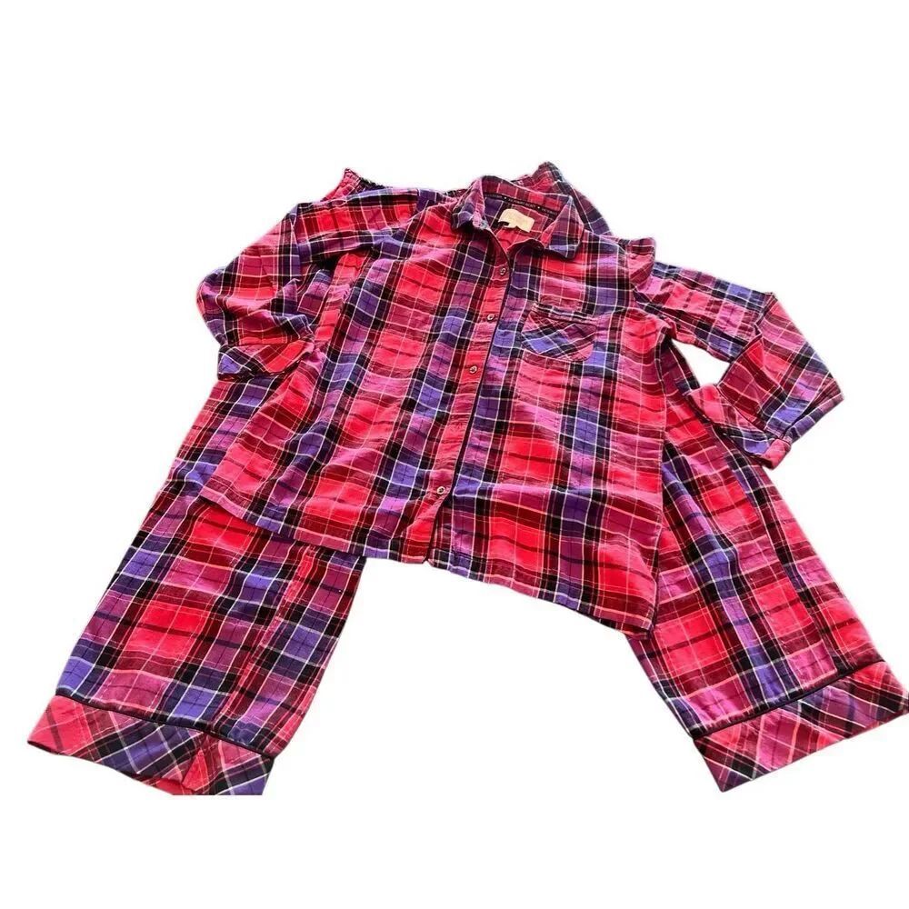 Victoria's Secret Women's Cotton Blend Plaid Pajama Set Red Purple Size Medium